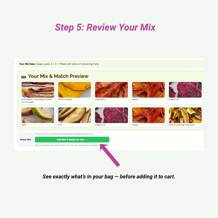 Reviewing customised Mix & Match dried fruit blend before adding to cart