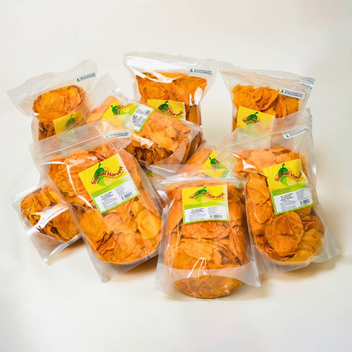 10kg bulk pack of Standard Australian dried mango including ten 1kg resealable bags for larger households or shared spaces.