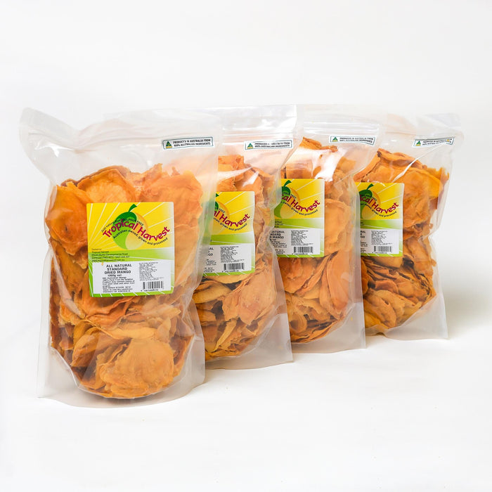 4kg bulk pack of Standard Australian dried mango including four 1kg resealable bags displayed together.