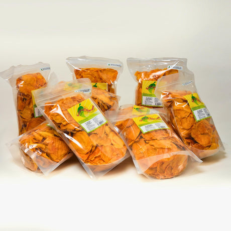 7kg bulk pack of Standard Australian dried mango with seven 1kg resealable bags arranged together.