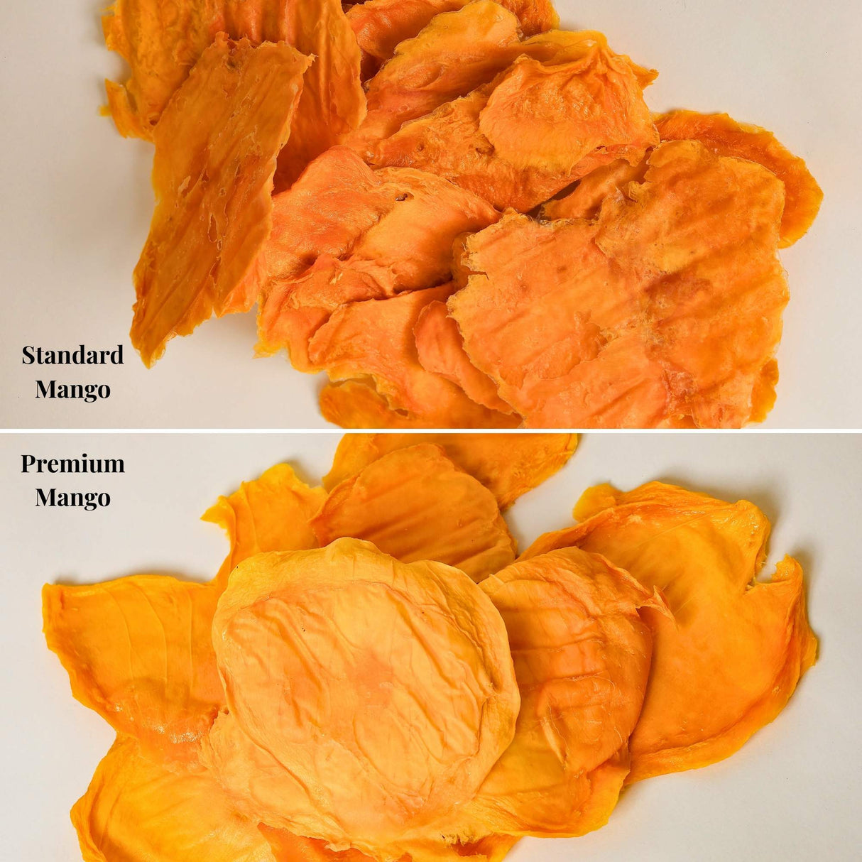 Side-by-side comparison of Standard and Premium Australian dried mango showing differences in colour and grading.