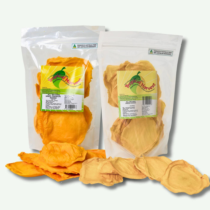 Sweet and tangy dried mango tasting pack with premium sweet mango and tangy green mango slices.
