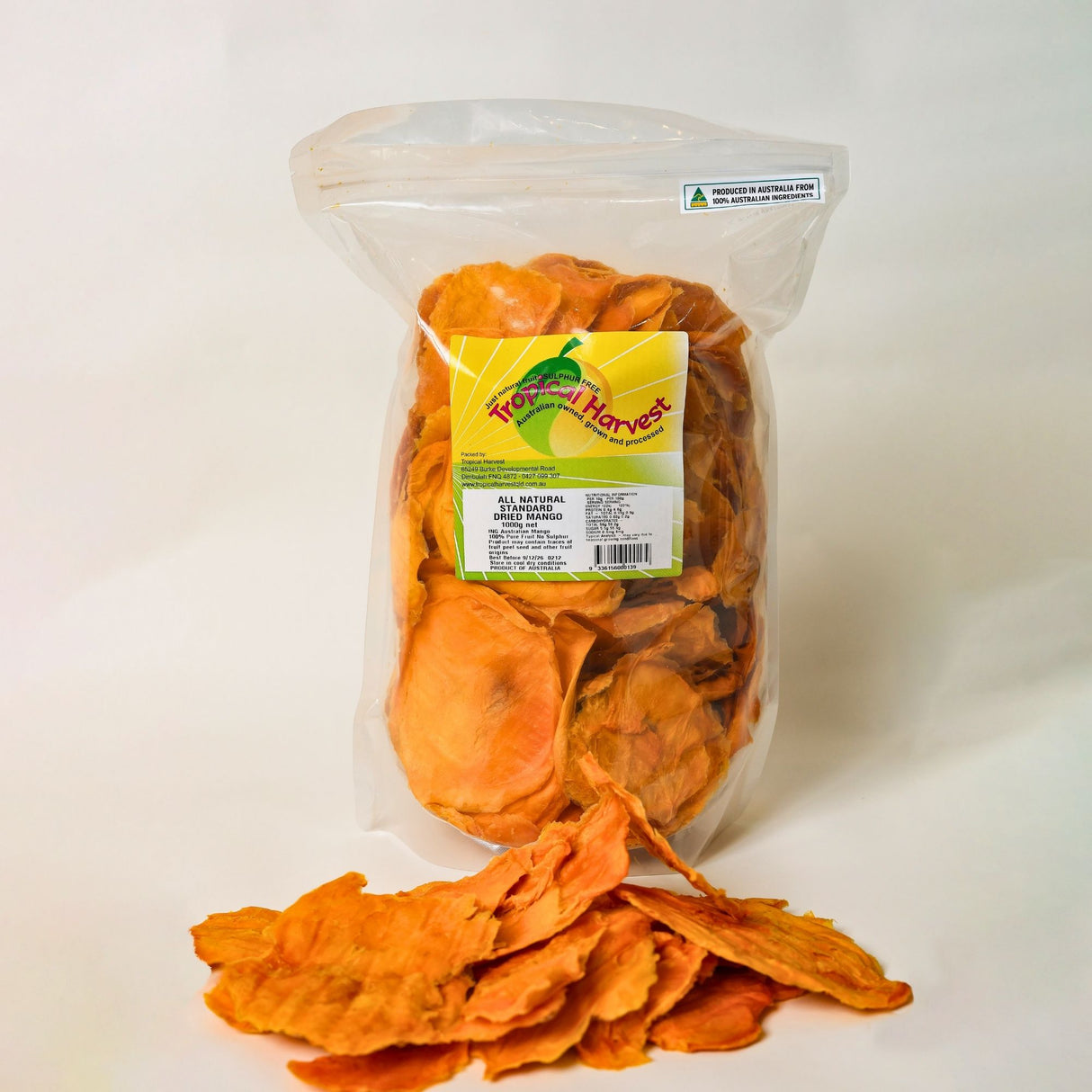1kg pack of Standard Australian dried mango in a resealable bag with sliced mango displayed.
