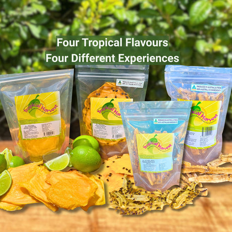 Tropical Discovery Bundle featuring Australian dried Mango Lime, Mango Passionfruit, Banana Lime and Banana Passionfruit made from Australian-grown fruit.