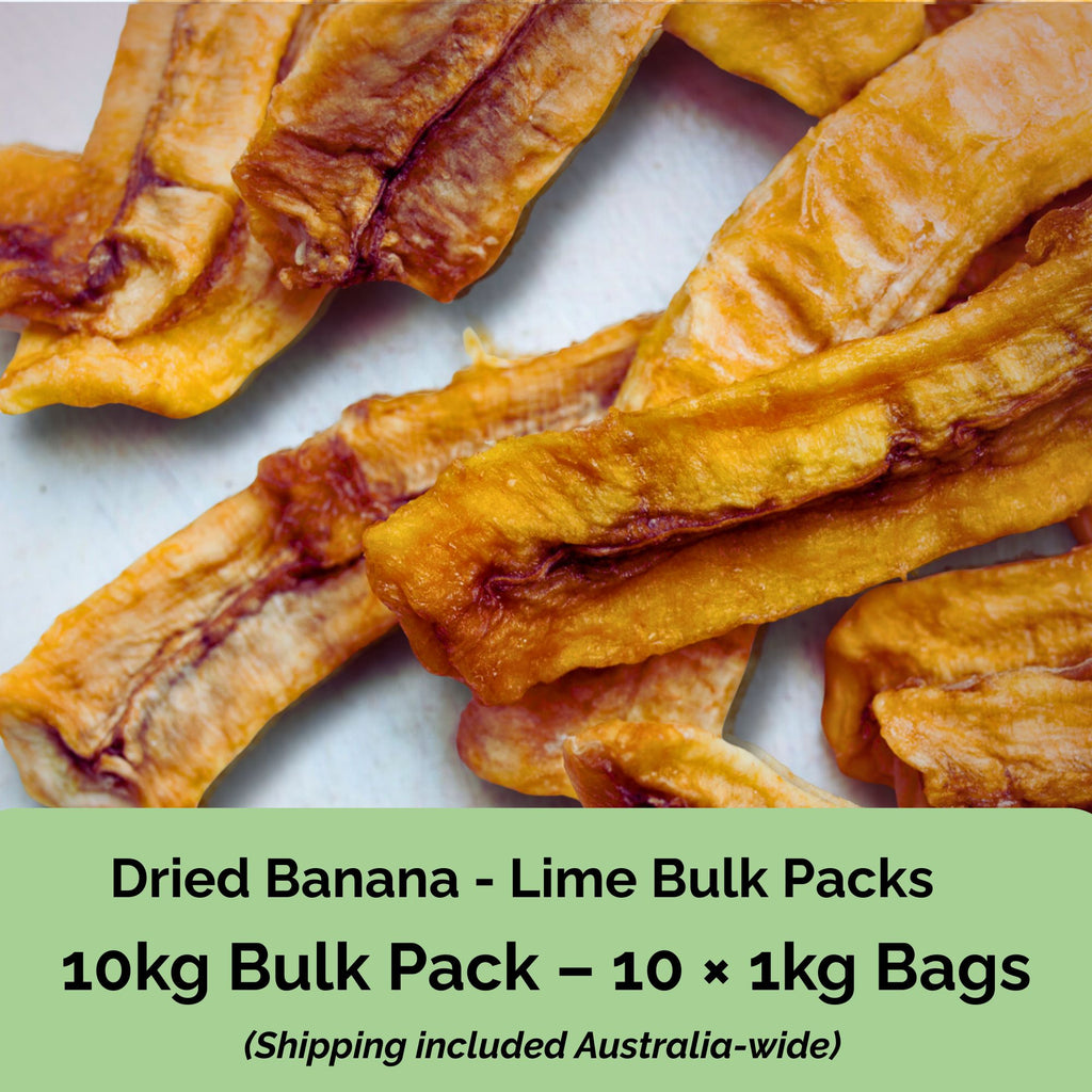 Tropical Harvest 10kg bulk dried banana lime – includes 10 × 1kg resealable bags of Australian-grown banana lime with shipping included.