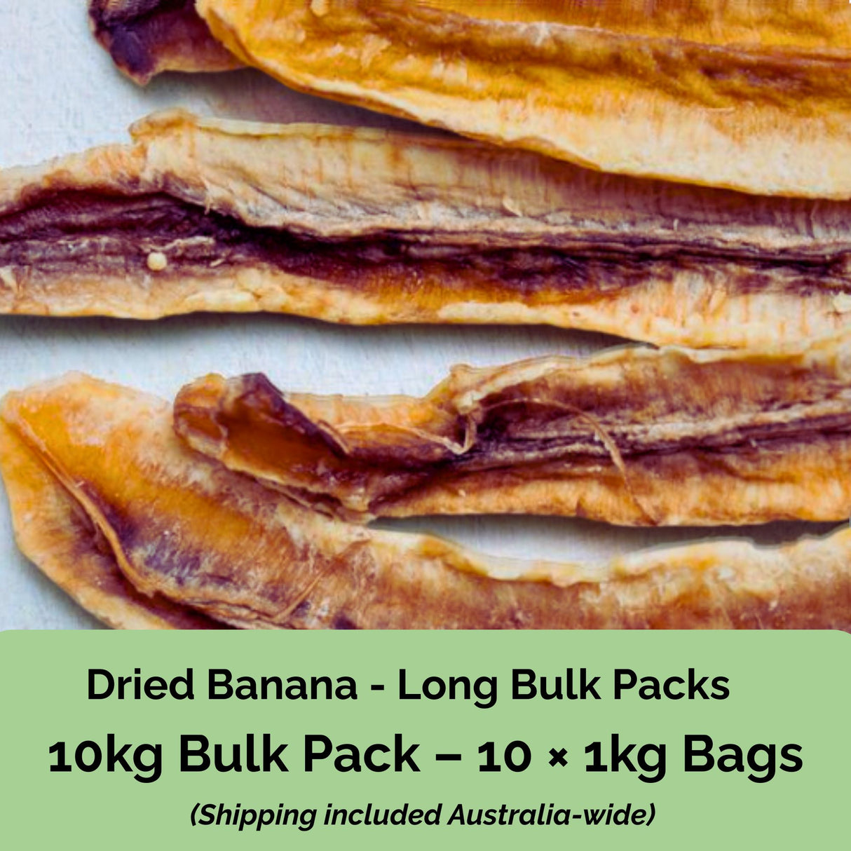 Tropical Harvest 10kg bulk dried banana long – includes 10 × 1kg resealable bags of Australian-grown banana long with shipping included.
