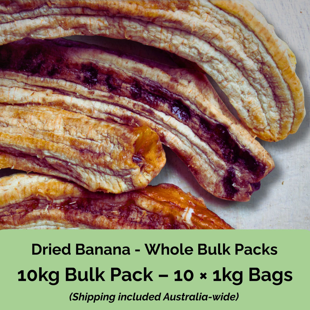 Tropical Harvest 10kg bulk dried banana whole– includes 10 × 1kg resealable bags of Australian-grown banana whole with shipping included.