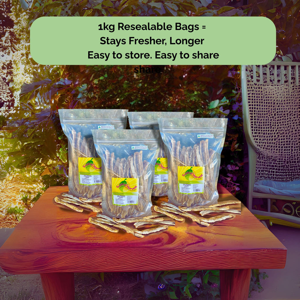 Tropical Harvest dried banana long in 1kg resealable bags – perfect for keeping your fruit fresh, easy to store and share.