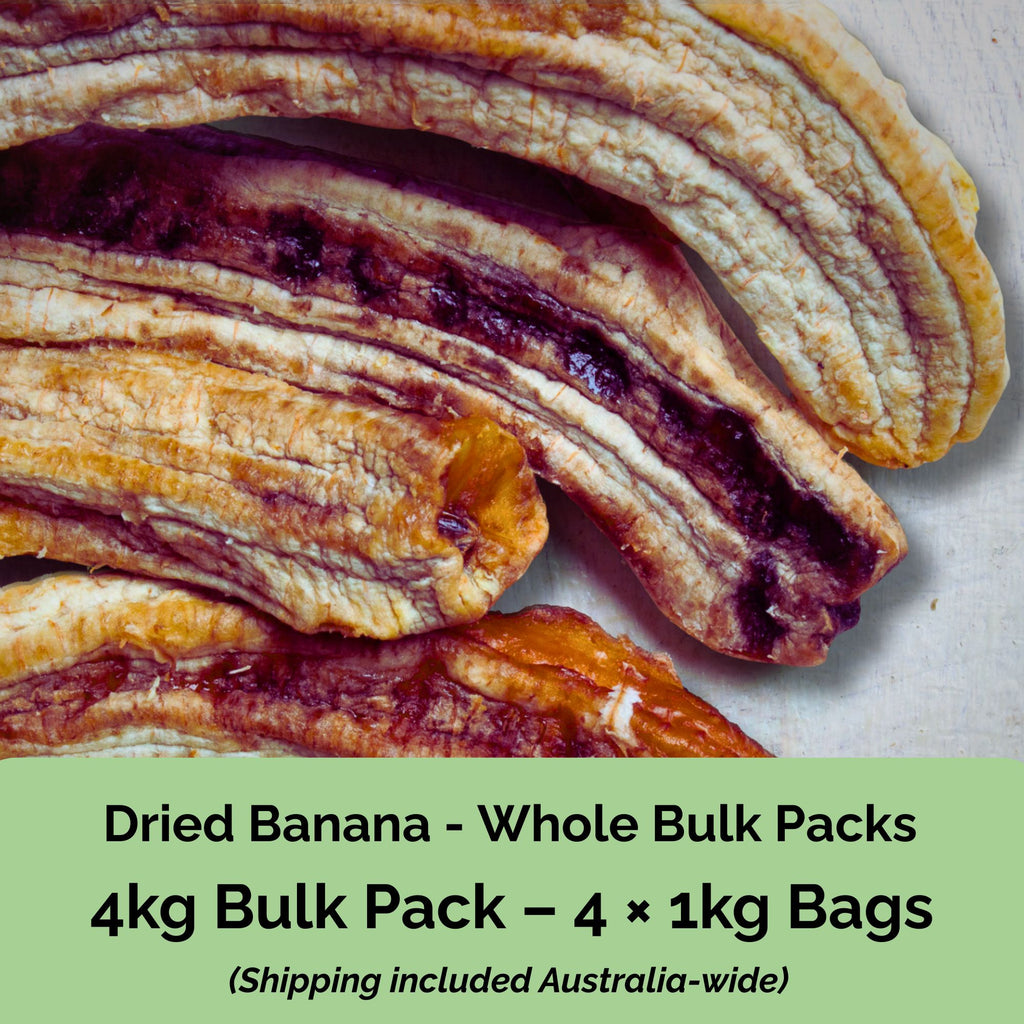 Tropical Harvest 4kg bulk dried banana whole– includes 4 × 1kg resealable bags of Australian-grown banana whole with shipping included.