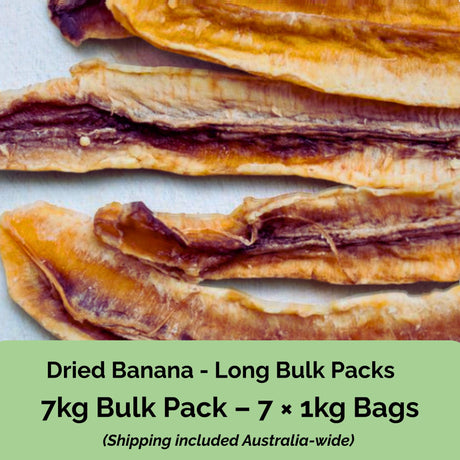 Tropical Harvest 7kg bulk dried banana long – includes 7 × 1kg resealable bags of Australian-grown banana long with shipping included.