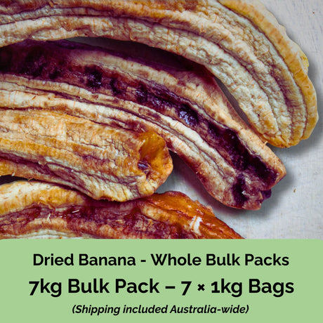 Tropical Harvest 7kg bulk dried banana whole– includes 7 × 1kg resealable bags of Australian-grown banana whole with shipping included.