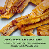 Bulk Australian dried banana lime from Tropical Harvest – available in 4kg, 7kg, and 10kg resealable packs with delivery included.