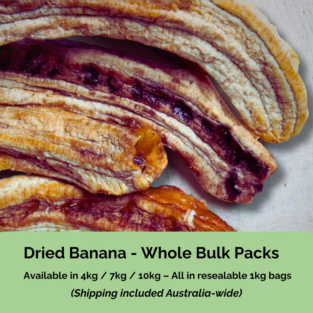 Bulk Australian dried banana whole from Tropical Harvest – available in 4kg, 7kg, and 10kg resealable packs with delivery included.