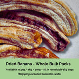 Bulk Australian dried banana whole from Tropical Harvest – available in 4kg, 7kg, and 10kg resealable packs with delivery included.