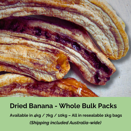 Bulk Australian dried banana whole from Tropical Harvest – available in 4kg, 7kg, and 10kg resealable packs with delivery included.