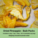 Bulk Australian dried pineapple from Tropical Harvest – available in 4kg, 7kg, and 10kg resealable packs with delivery included.