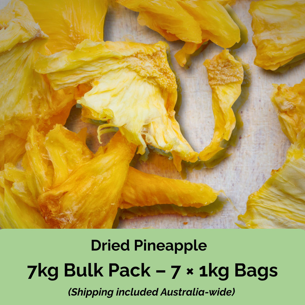 Buy 7kg of Australian dried pineapple from Tropical Harvest – 7 × 1kg resealable bags with free Australia-wide shipping.