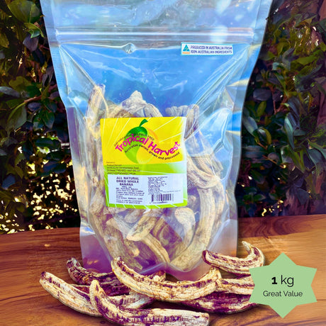 1kg Tropical Harvest whole dried banana pack. Great value, long shelf life, and 100% natural.