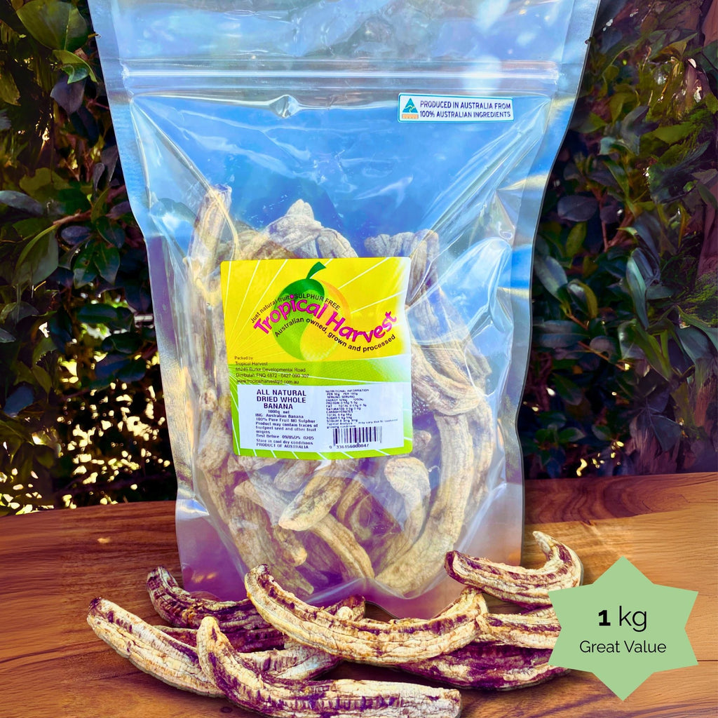 1kg Tropical Harvest whole dried banana pack. Great value, long shelf life, and 100% natural.