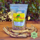 220g Tropical Harvest whole dried banana pack with a resealable bag. Naturally sweet, no preservatives.