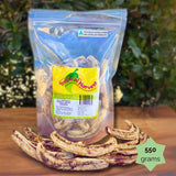 550g Tropical Harvest whole dried banana pack displayed with dried bananas. Soft, chewy, naturally sweet.