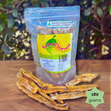 180g Tropical Harvest dried banana lime resealable pouch with chewy banana slices displayed. Perfect for lunchboxes or on-the-go citrus snacking.