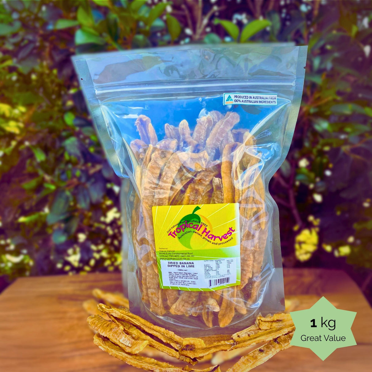 1kg bulk Tropical Harvest dried banana lime resealable pack with visible slices. Labeled as "Great Value" — ideal for entertaining, grazing, or bulk use.