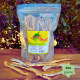 600g Tropical Harvest dried banana long resealable bag with chewy, firm banana strips shown on wooden background. Great for families.