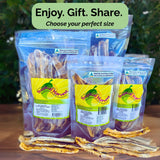 Full Tropical Harvest dried banana long-range — resealable bags in multiple sizes. Text overlay: "Enjoy. Gift. Share. Choose your perfect size."