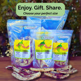 Tropical Harvest whole dried banana pack range (220g, 550g, 1kg). Text overlay: "Enjoy. Gift. Share. Choose your perfect size."