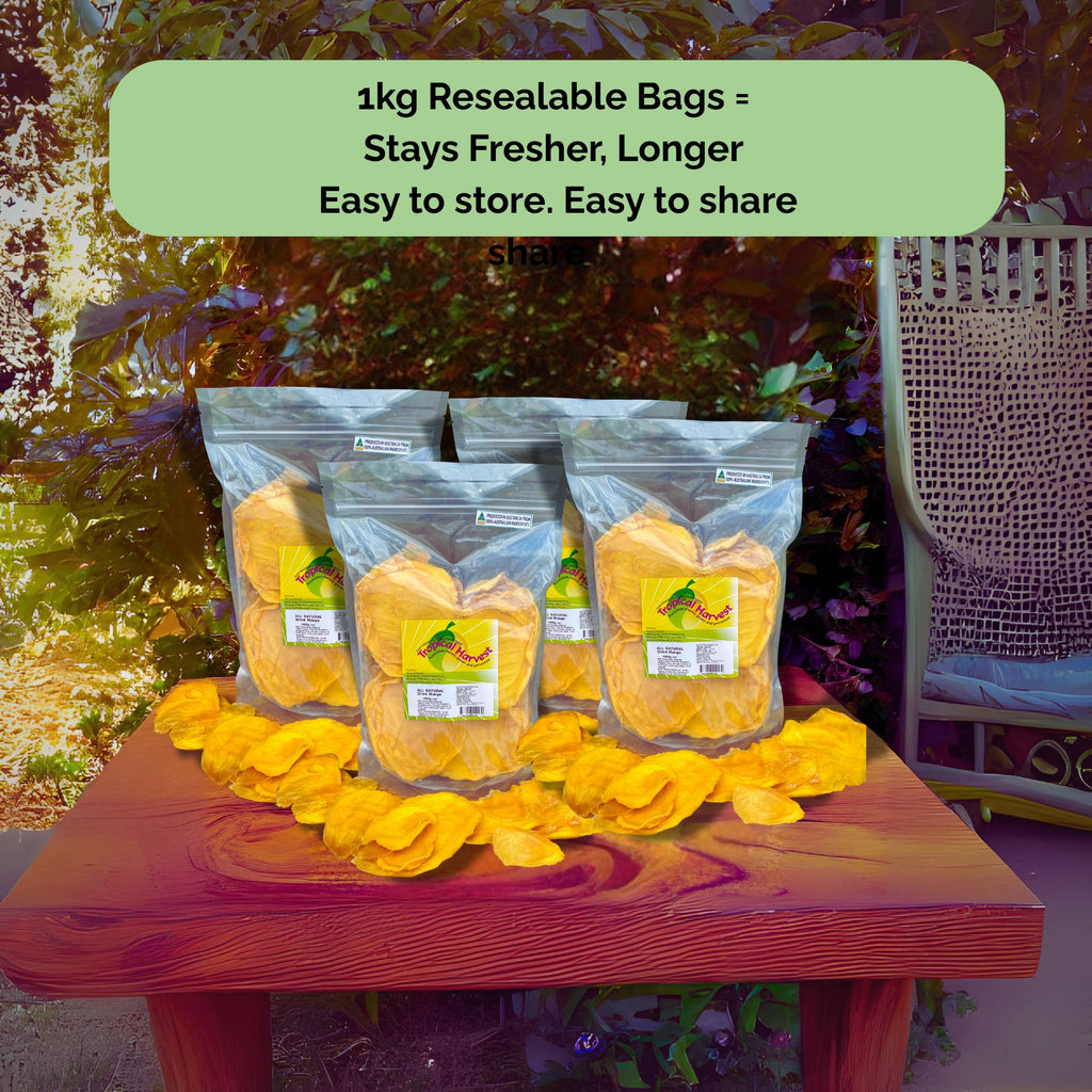 Tropical Harvest 1kg resealable bags of dried mango – ideal for longer freshness, easy to store and share.