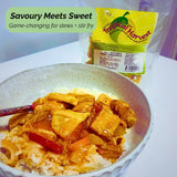 Pineapple curry bowl featuring Tropical Harvest dried pineapple. Overlay text: "Savoury Meets Sweet – Game-changing for stews and stir fry."
