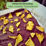 Tropical Harvest dried pineapple pieces used as decoration on chocolate bark. Text overlay: "Perfect for Decorating – Cakes, Cocktails, Grazing Boards."
