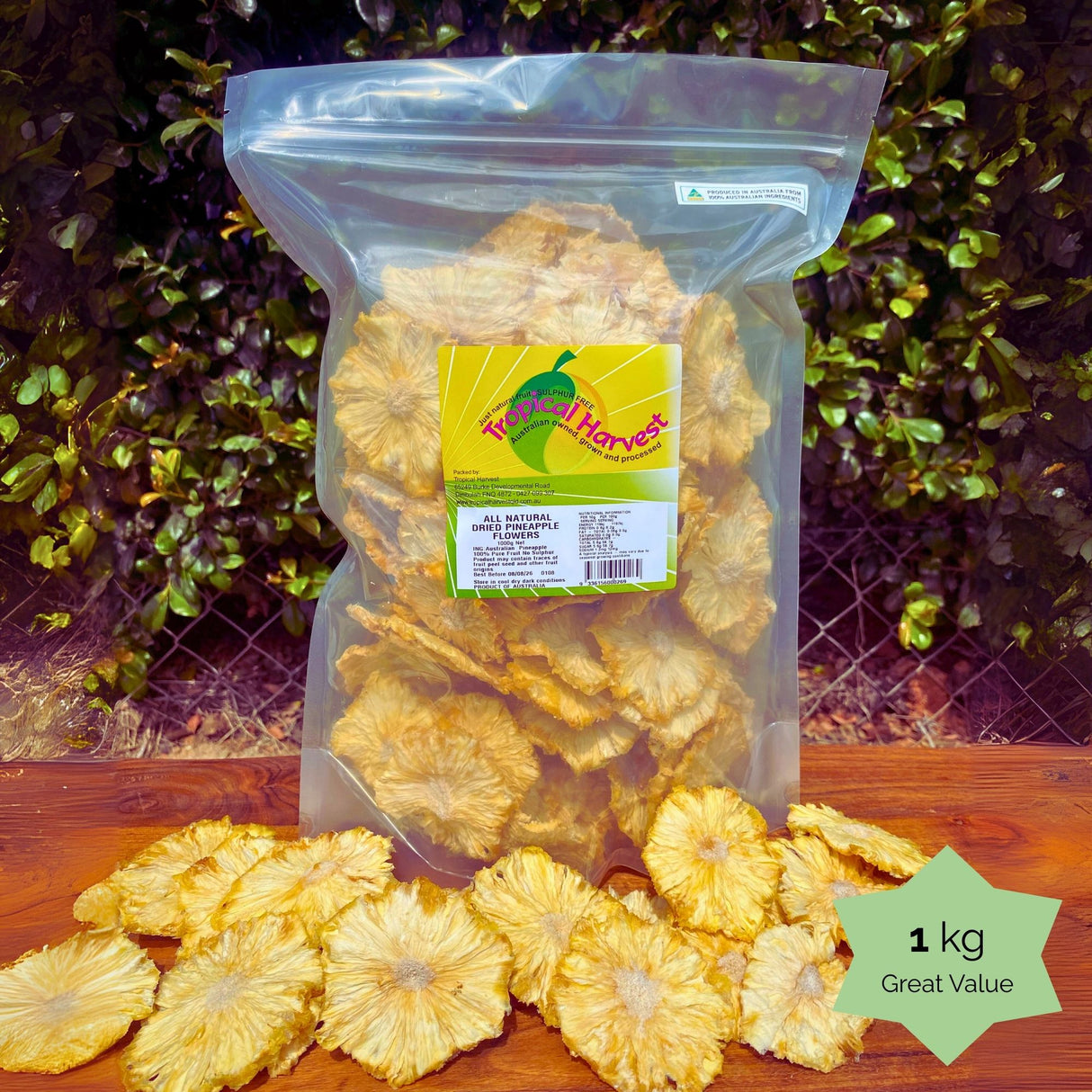 1kg bulk Tropical Harvest dried pineapple flowers with text overlay: "Great Value." Long shelf life, perfect for bulk buyers and events.