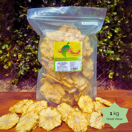 1kg bulk Tropical Harvest dried pineapple flowers with text overlay: "Great Value." Long shelf life, perfect for bulk buyers and events.