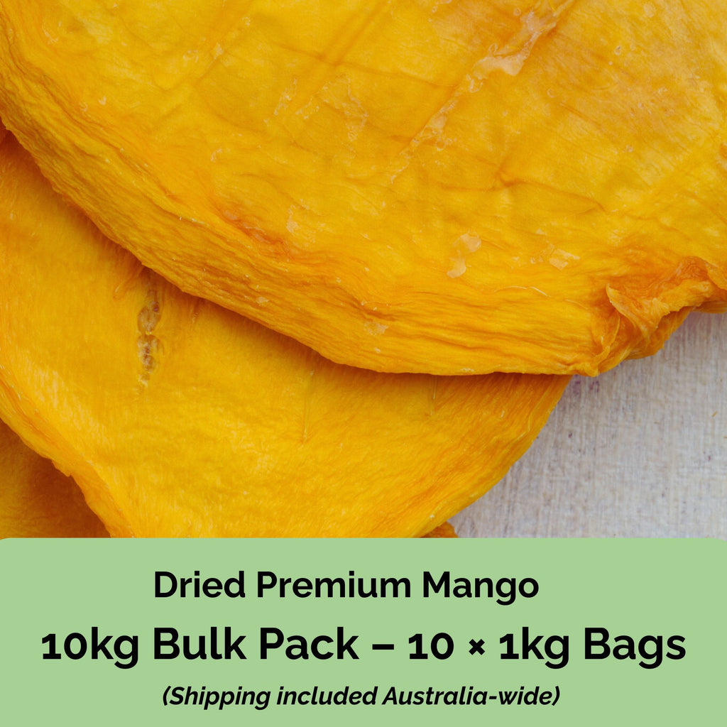 Tropical Harvest 10kg bulk pack – 10 x 1kg resealable bags of Australian premium dried mango. Best value pack with free shipping.