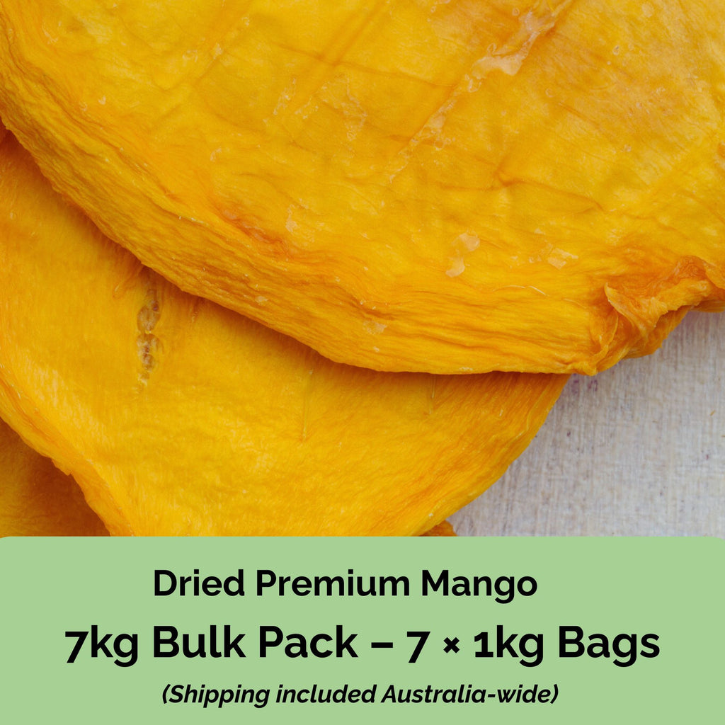 Tropical Harvest 7kg dried mango bulk pack – 7 resealable 1kg bags of premium mango. Free shipping across Australia.