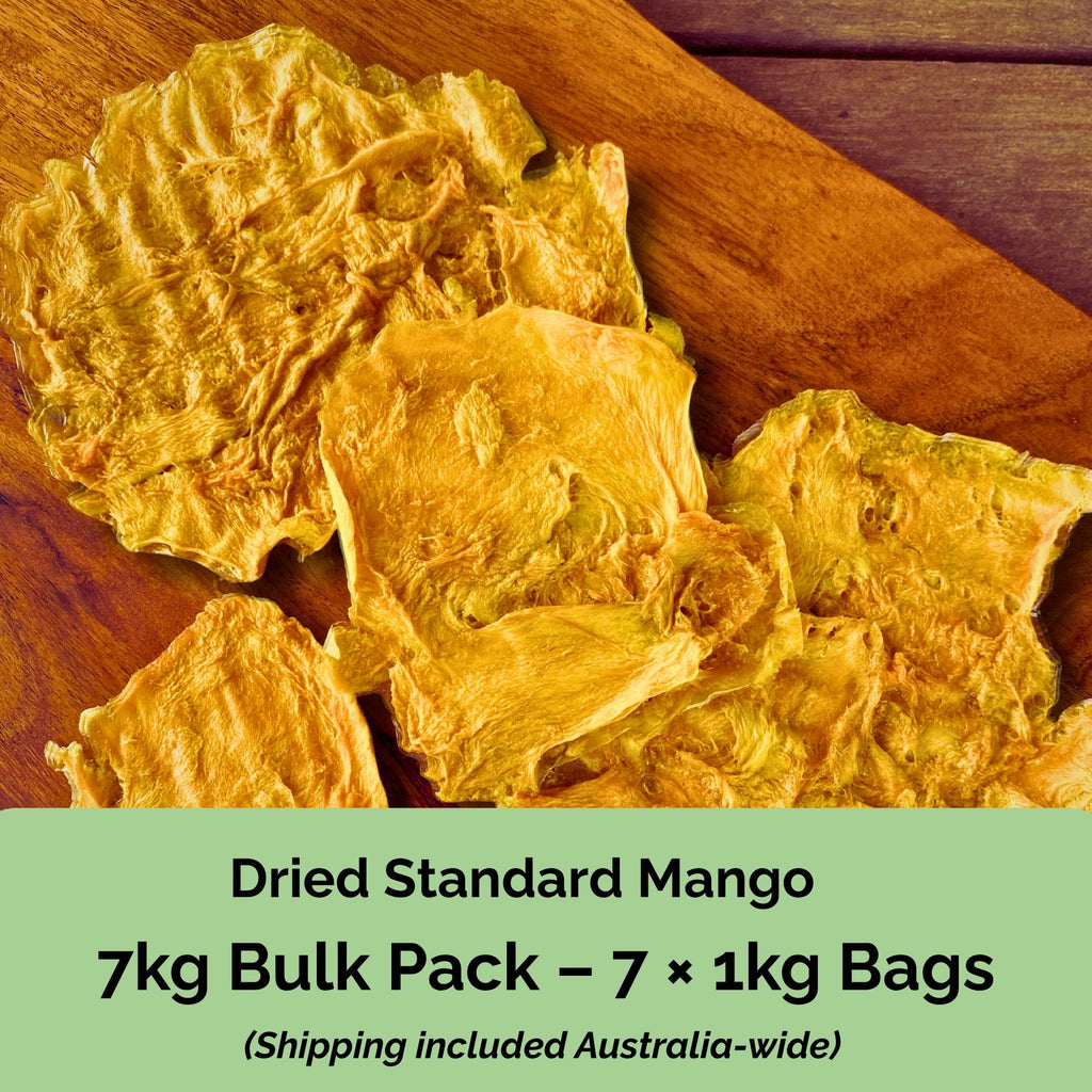 Tropical Harvest 7kg dried standard mango bulk pack – 7 resealable 1kg bags of standard mango. Free shipping across Australia.