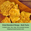 Tropical Harvest dried standard mango bulk packs – available in 4kg, 7kg, and 10kg sizes with resealable 1kg bags. Australian-grown, free shipping included.