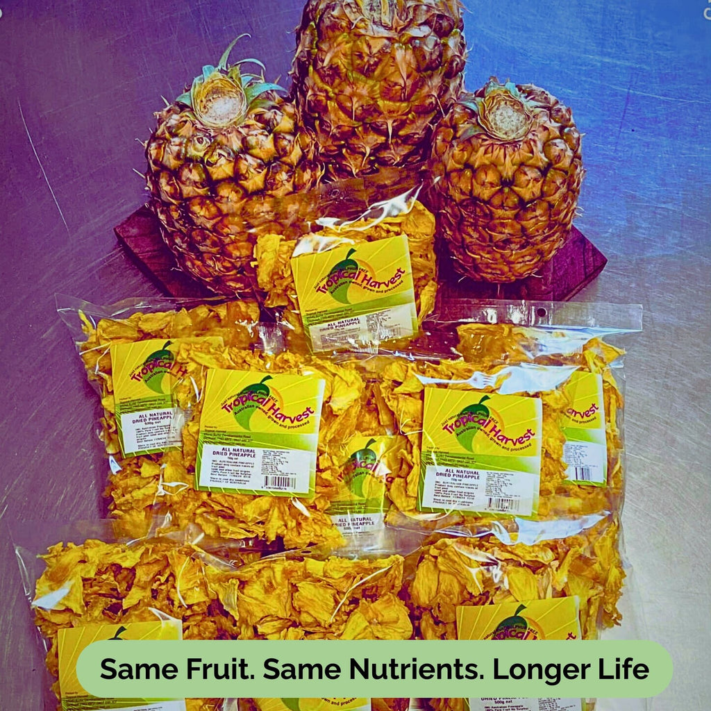 Comparison of fresh pineapples and Tropical Harvest dried pineapple packs. Text overlay: "Same Fruit. Same Nutrients. Longer Life