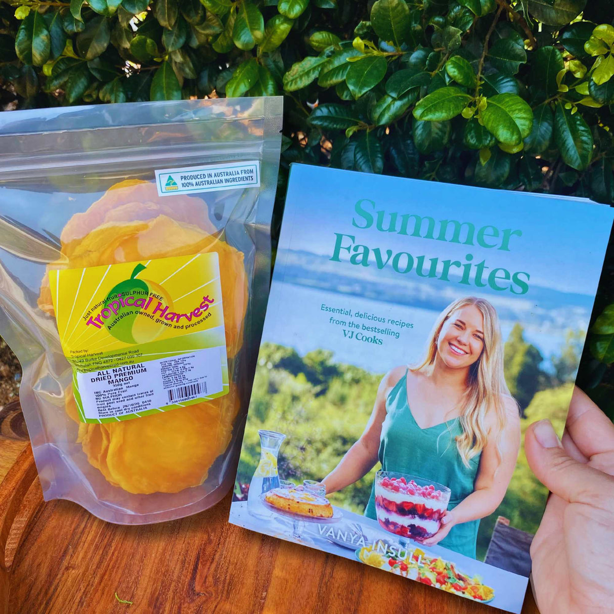 VJ Cooks Summer Favourites cookbook and dried mango gift set on wooden tray – Christmas gift pack for food lovers