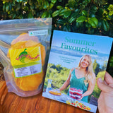 VJ Cooks Summer Favourites cookbook and dried mango gift set on wooden tray – Christmas gift pack for food lovers