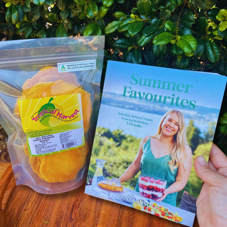 VJ Cooks Summer Favourites cookbook and dried mango gift set on wooden tray – Christmas gift pack for food lovers